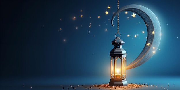 Crescent moon with lit lanterns ramadan karim background concept generative ai