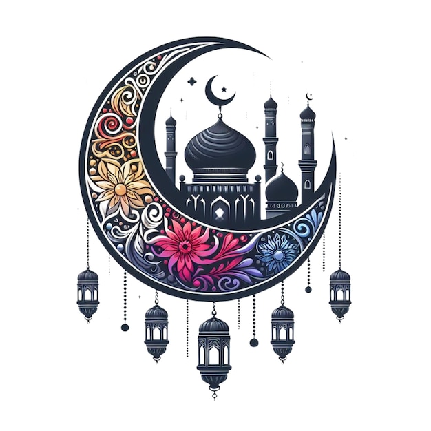 Полумесяц с мечетью и Рамаданскими фонарями, изолированными на белом