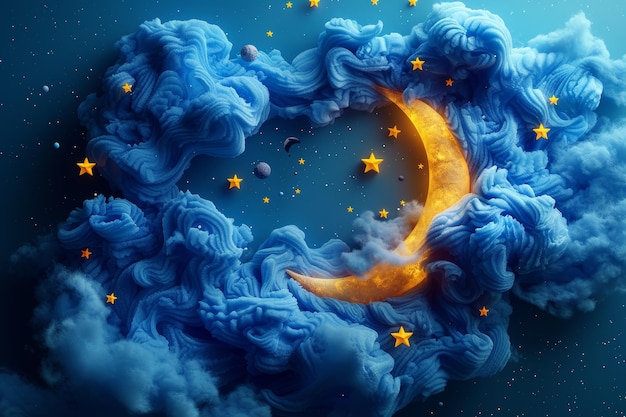 Crescent Moon With Stars and Clouds in the Night Sky Generative AI