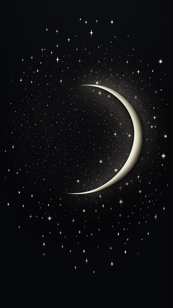 A crescent moon with stars and the moon in the background