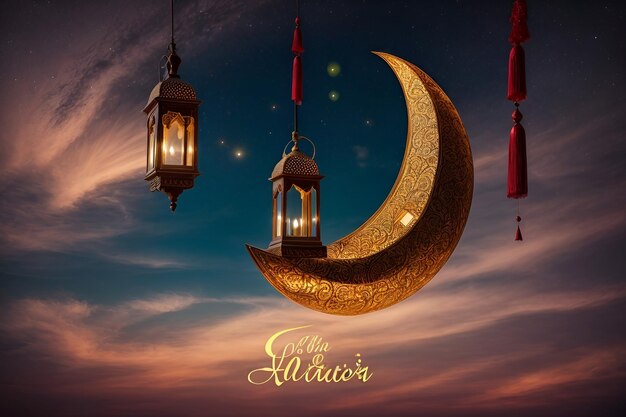 이드 무바라크 (Eid Mubarak) 라는 단어와 함께 반달과 모스크를 배경으로