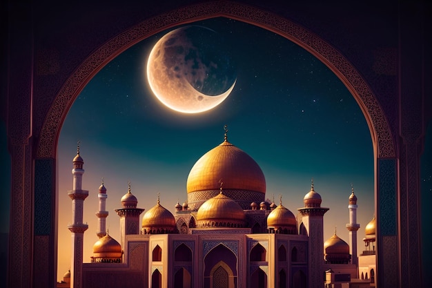 a crescent and a mosque on a background with the words Eid Mubarak