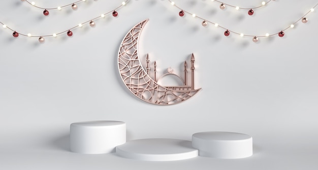 Полумесяц, мечеть с постаментами на белом фоне - священный месяц Рамадан Карим