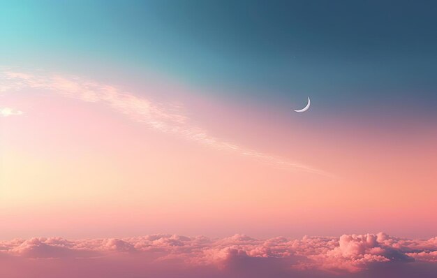 밝은 분홍색과 어두운 호박색 스타일의 푸른 구름 위 하늘의 초승달