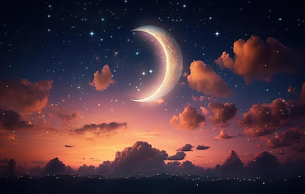 a crescent and a star above a night sky