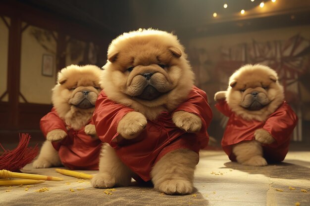 Foto un gruppo di cuccioli chow chow pelosi vestiti da sumo 00144 02