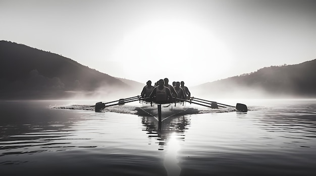 Photo crew team rowing in unison during a regatta