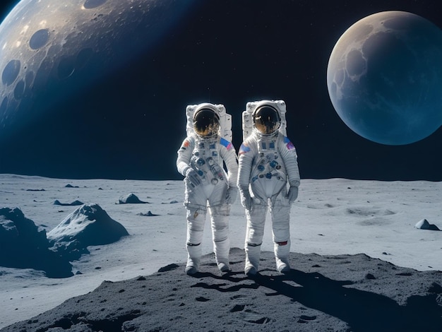 Crew of Two Astronauts in Space Suits Standing on the Moon Looking at the The Milky Way Galaxy l