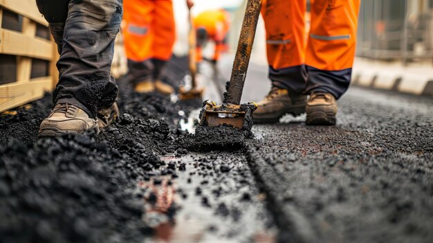 Crew of workers engaged in road construction project