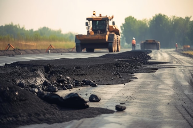 Crewmember repairing cracked and broken road surface with tar and gravel