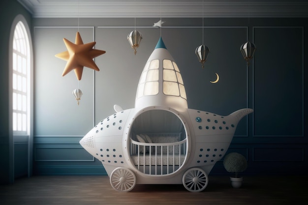 A Crib With A Rocket Ship Mobile Generative AI