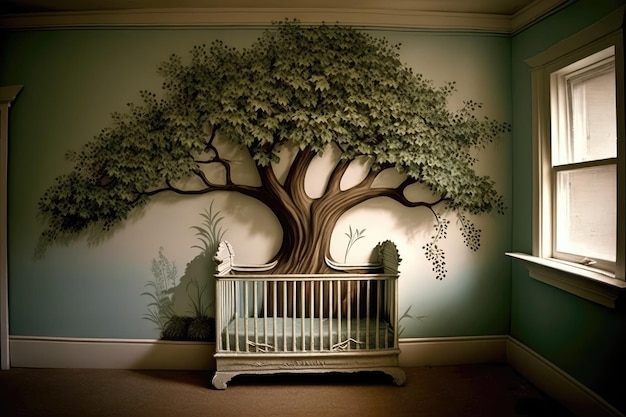 Photo a crib with a tree mural generative ai