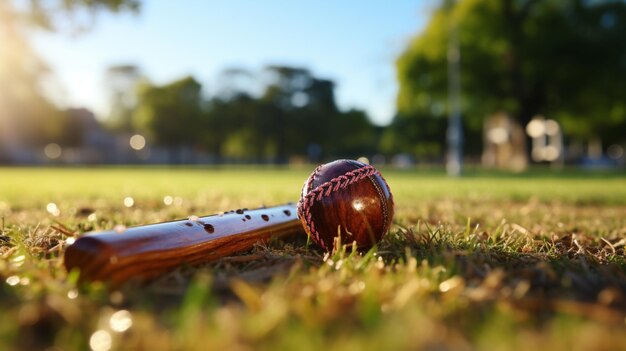 Photo cricket bat and ball on the grass background