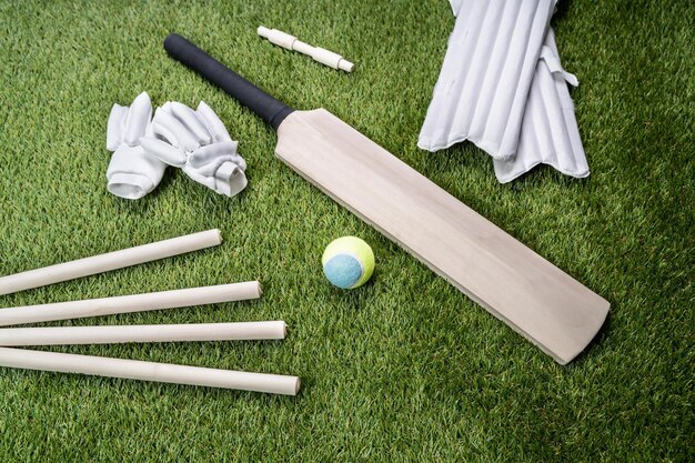 Cricket bat and ball on turf grass