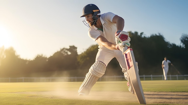 Foto un battitore di cricket pronto a colpire una palla veloce in un campo soleggiato