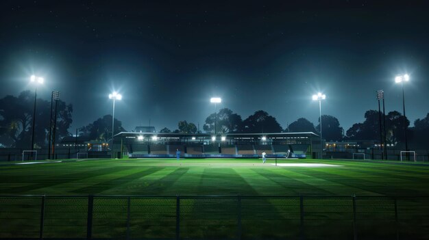 Photo cricket field at night with lights and neon fog cricket world cup