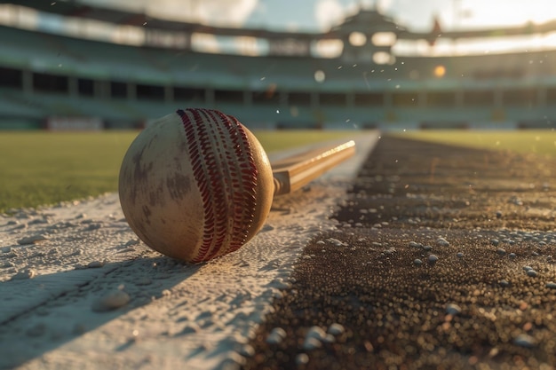 cricket leather ball resting on bat on the stadium pitch