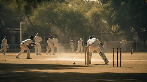 写真 試合中のクリケットのピッチは,ボウラーとバットマンとして写真に巧妙に描かれています