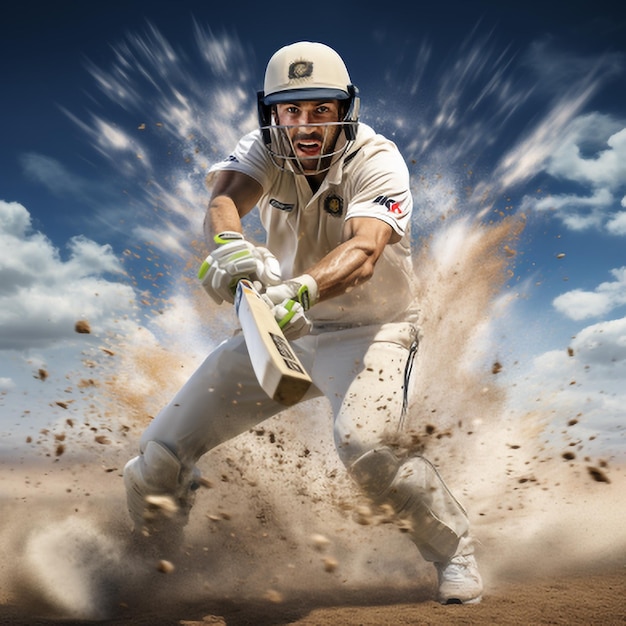 Cricket player in action on the cricket field with dramatic sky