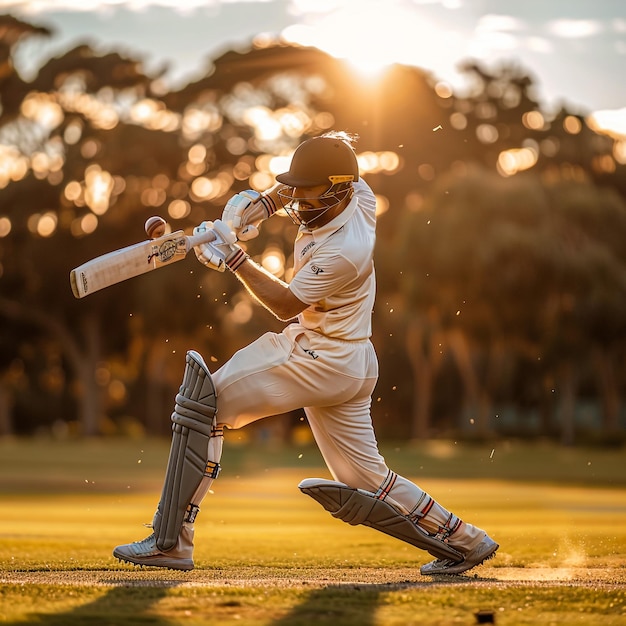 Foto giocatore di cricket in azione sullo stadio luce calda immagini fotorealistiche drammatiche