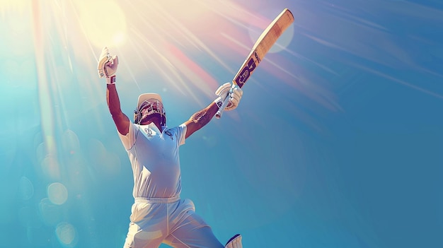 Cricket player celebrating victory with bat raised high