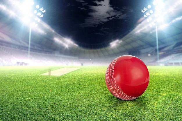 Cricket stadium with ball in lights and flashes 3d render