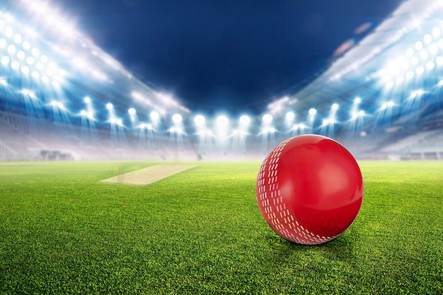 Cricket stadium with ball in lights and flashes 3d render