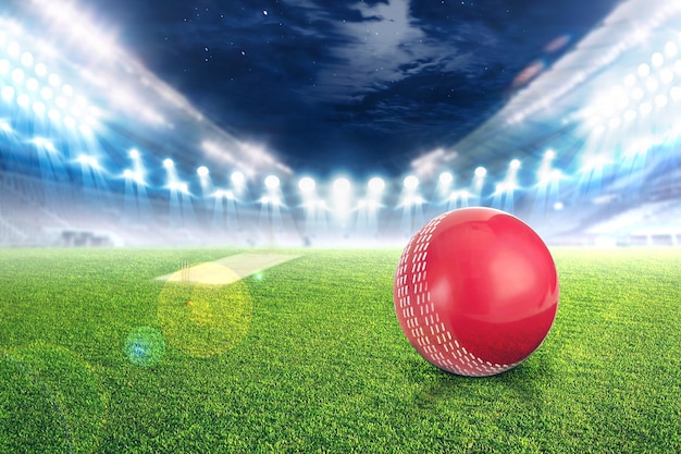 Cricket stadium with ball in lights and flashes 3d render