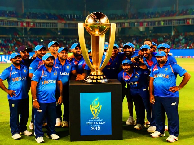 Cricket world cup celebration winning trophy with ball