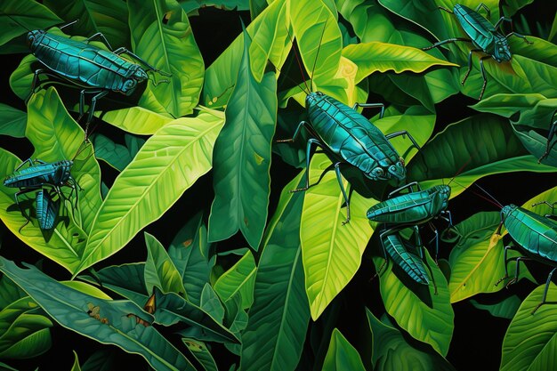 Photo crickets crawling on vibrant green leaves