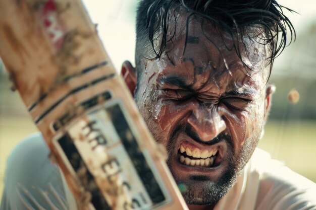 Cricketspeler batsman die agressie toont na het winnen van het toernooi