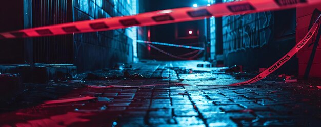 写真 犯罪警察が犯罪現場を捜査し暗い小道の背景に警察のテープを貼っていますテキストセンターのドラマチックなスタイルの夜の光です