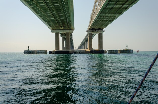 Crimean bridge with supports view from below.