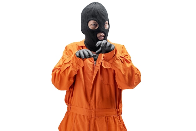 Criminal man a hidden mask with prisoner uniform isolated over white background