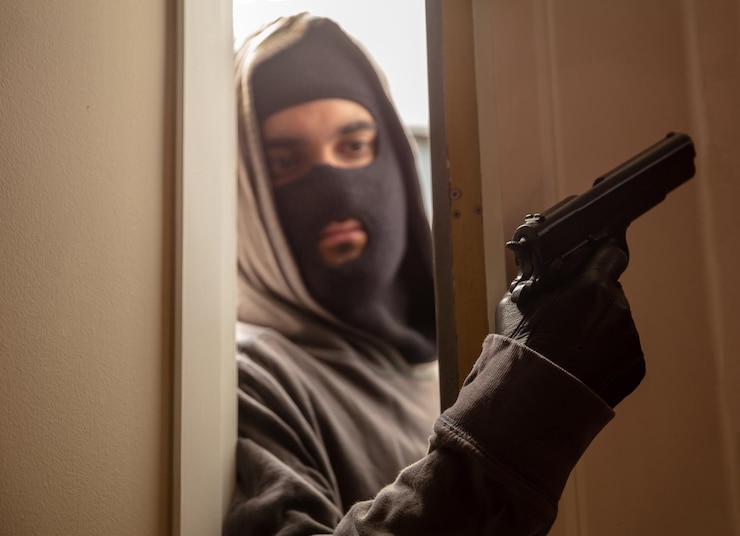 Photo criminal with balaclava holds gun in leather gloved hand behind door terrorism violence