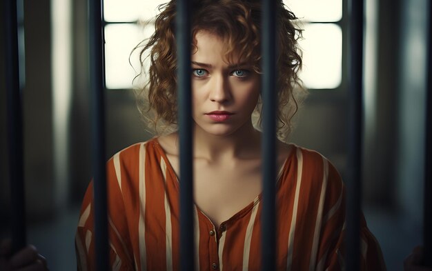 写真 刑務所のバーの後ろでカメラを見ている犯罪者の女性 刑務所に閉じ込められた犯罪者の少女