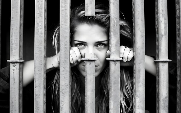 Photo criminal woman behind prison bars looking at camera offender girl criminal locked in jail