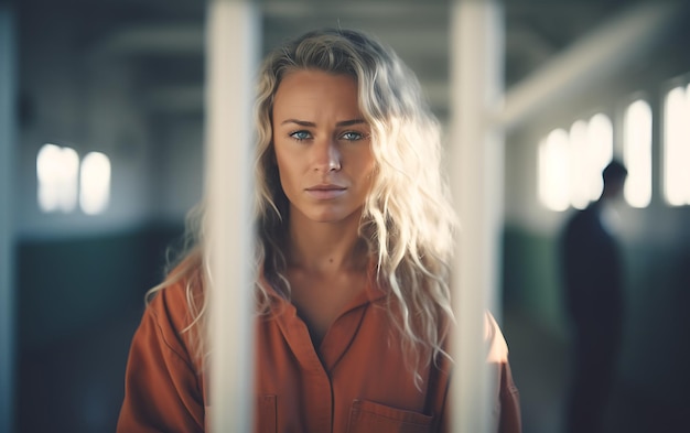 Criminal Woman behind prison bars looking at camera offender girl criminal locked in jail