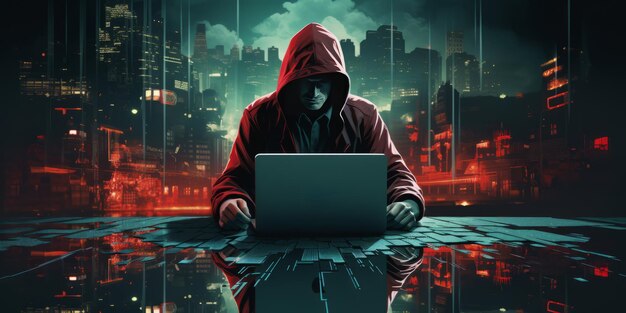 criminal working on laptop in the city