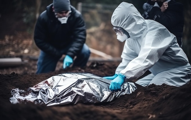 Criminologist in protective gloves and wearing face masks working with dead body at crime outdoors