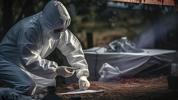 Criminologist in wearing protective suit gloves and face masks working at crime scene at outdoor