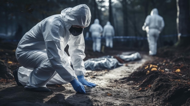 Criminologist in wearing protective suit gloves and face masks working at crime scene at outdoor