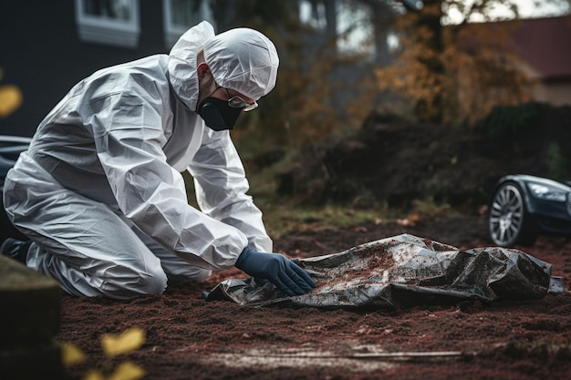 Criminologist in white protective gloves wears face masks works with dead body at crime AI generated illustration
