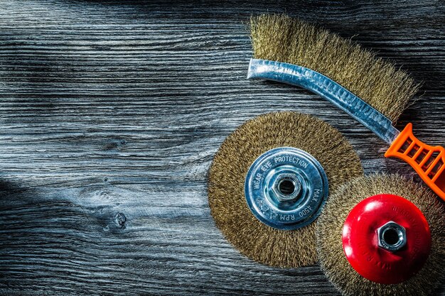 Crimped wire brushes on vintage wooden board