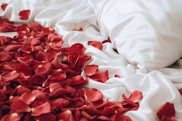 Photo crimson blooms a vision of red rose petals on crisp white bed linen