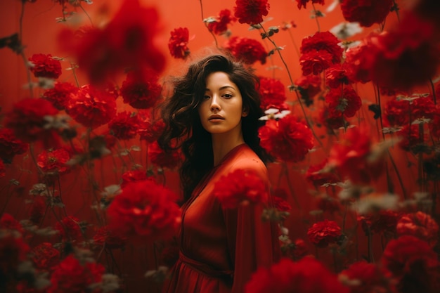 Crimson Blooms A Womans Enchanting Encounter amidst Red Petaled Flowers