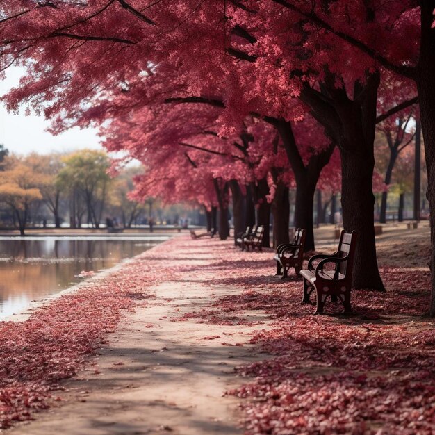 赤いカーペットの秋の風景写真