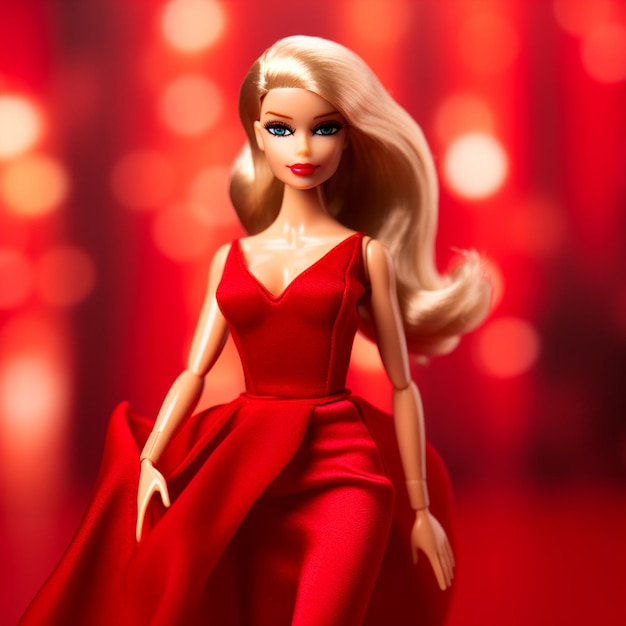 Crimson Chic Barbie's Stylish Red Outfit in a Dreamy Blurred Setting