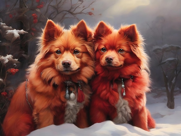 Crimson Companions in Winter's Embrace Twee pluizige rode honden