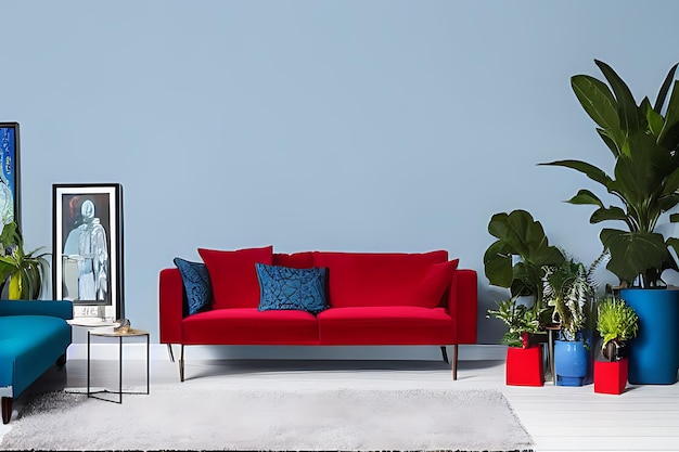 A crimson couch and coffee table potted plants blue theme wall minimalist room